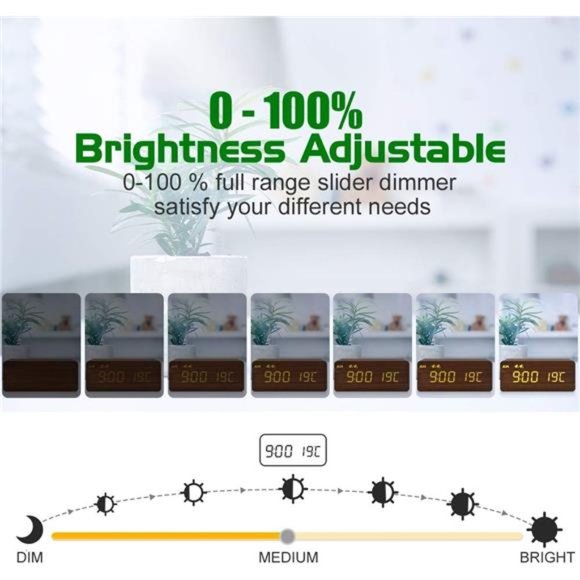 Digital Wooden Alarm Clock with Wireless Charging, 0-100% Dimmer, Dual Alarm - Picture 4 of 5